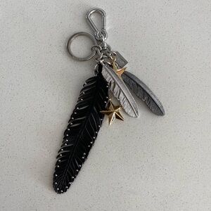 Coach Black Silver Feather Keychain Star bag charm FOB
